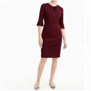 J Crew Women's Bell-sleeve Sheath Dress in Stretch Ponte Dark Red Maroon Size 8